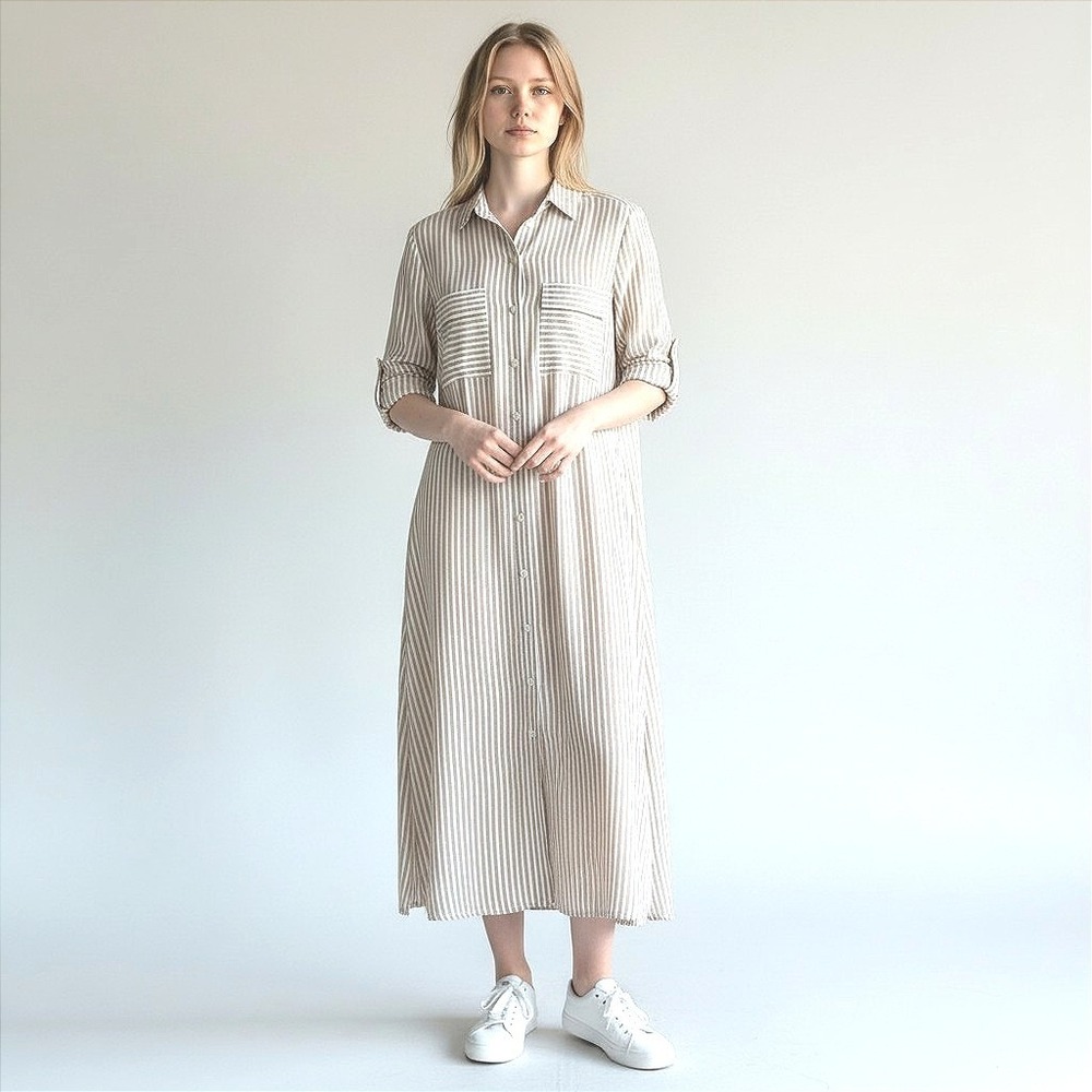 MAX STUDIO XS Striped Shirt Dress Maxi Long Sleeve Button Down Beige Casual